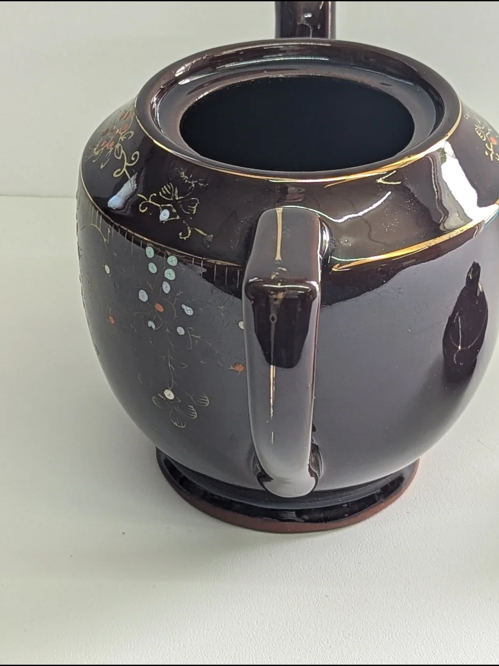 Vintage Hand Painted Brown Ceramic Teapot Floral Gold Cottagecore Tea Pot